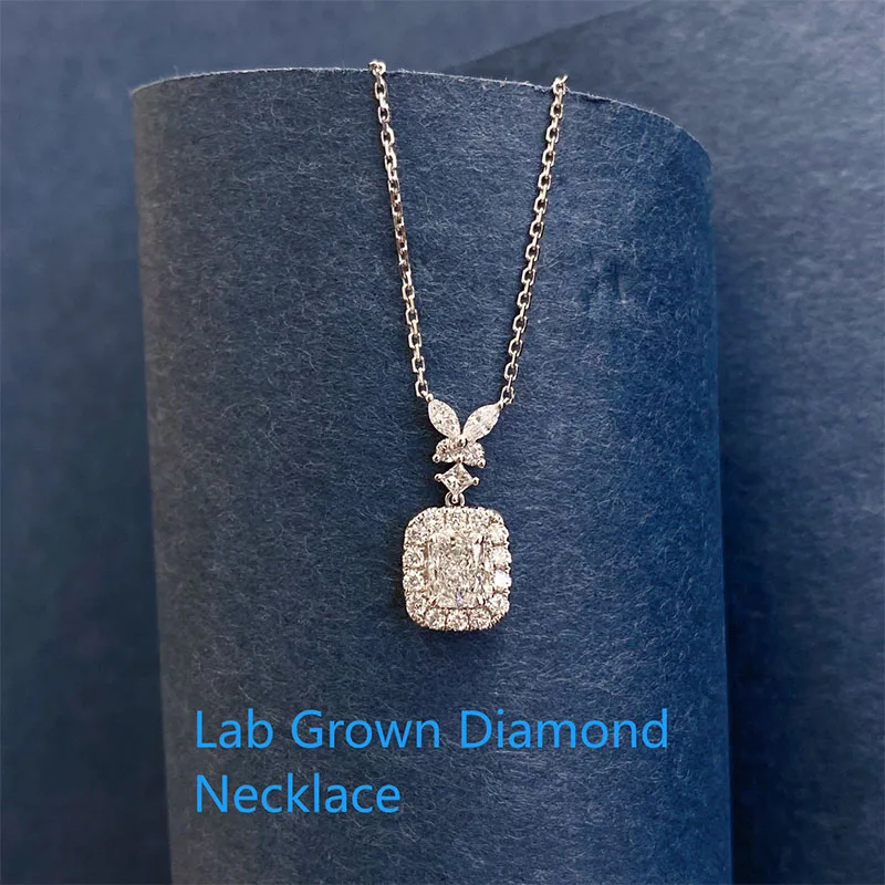 Radiant Cut IGI Lab Grown Diamond Pendant Necklace 0.5ct DEF VS-VVS Platinum950 Halo Butterfly Top Diamond Wedding Fine Necklace