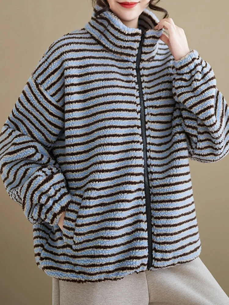 

Faionable Thiened Fce воротник женское зимнее ленивое пальто большого размера на подкладке Fce тепе повседневное шерстяное пальто в полоску с узором