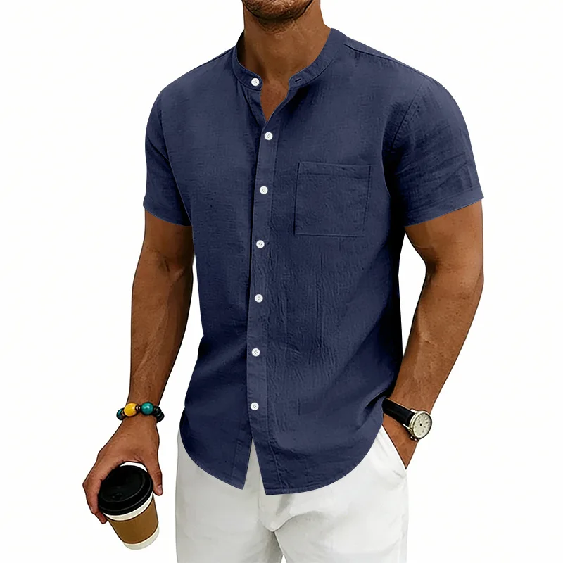 

Men's Summer Linen Blend Stand Collar Shirt Short Sleeve Button-Down Casual Beach Top