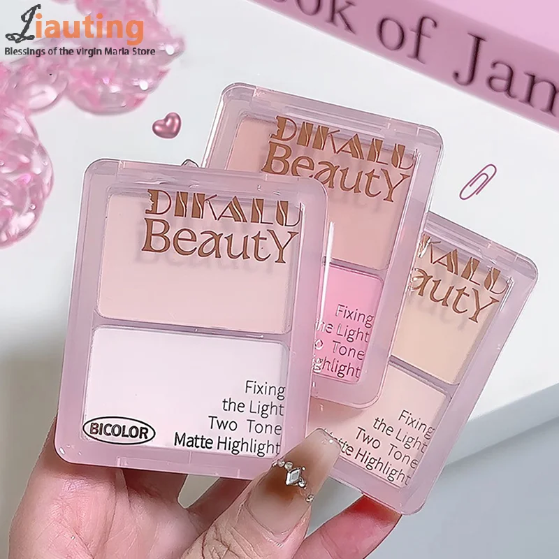 DIKALU Two-tone Highlight Contour Palette Matte White Highlighter Grey Brown Nose Shadow Face Bronzer Brighten Powder Makeup