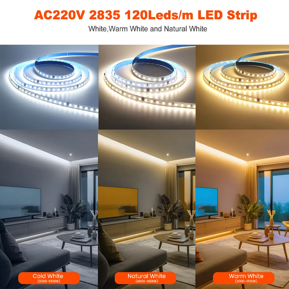 شريط إضاءة LED 220 فولت 230 فولت 5 متر 10 متر 20 متر 50 متر لا يتطلب طاقة شريط لاصق مرن IP55 مع شريحة IC 2835 120 المصابيح/م إضاءة منزلية