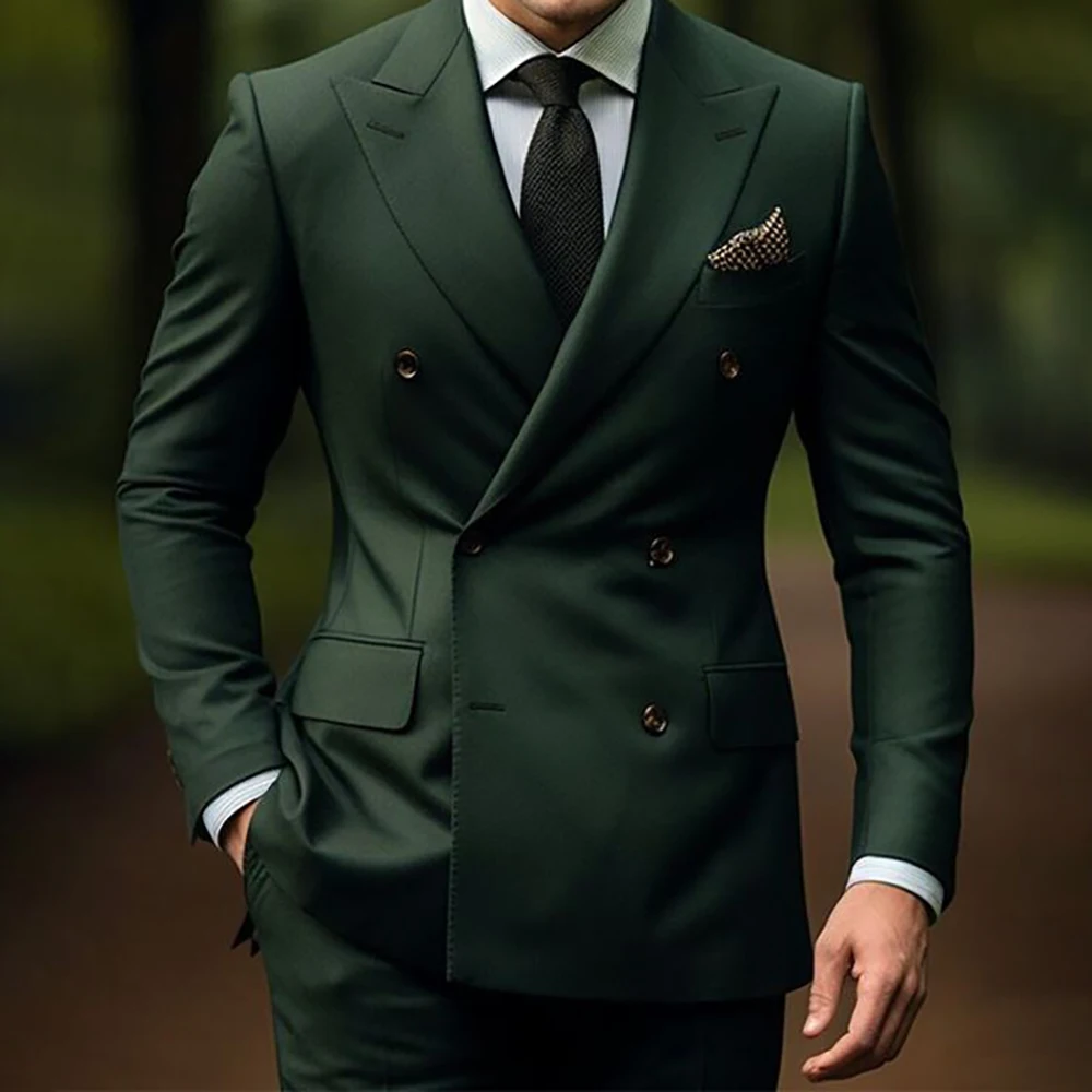 

Elegant Green Men Suits Double Breasted Business Blazer Fashion Flim Fit 2 Piece Jacket Pants Costume Homme Pour Mariage