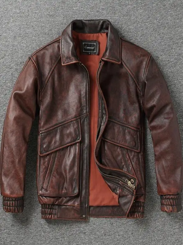 

New Red Brown Winter Leather Jacket Men Vintage Style Plus Size 5XL Genuine Natural Cowhide Turn-Down Collar Flight Leather Coat