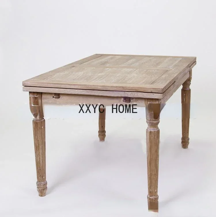 Solid Wood Dining Table Furniture Log Vintage Distressed Weathered White Retractable Rectangular Oak Dining Table