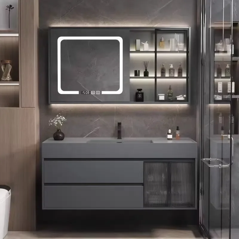 Floating Bathroom Cabinet Solid Wood Multi-Layer Integrated Ceramic Basin Vanity Mirror Ample Storage Space for Modern Home