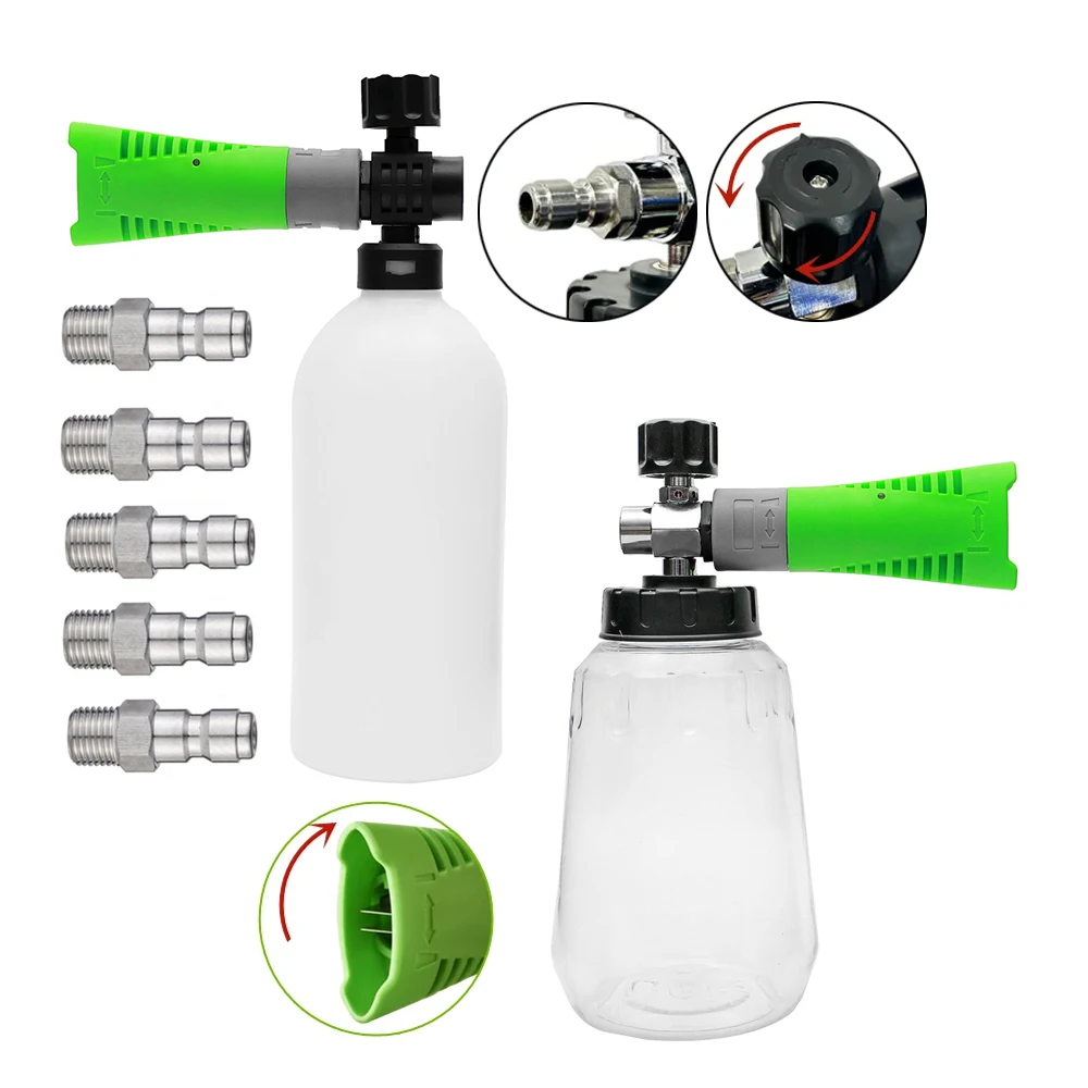 Cañón de espuma verde piezas, botella transparente de 1000ml, juego de lanza de espuma para nieve, accesorio de lavado de alta presión para coche, conexión rápida 1/4, 1 unidad