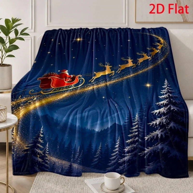 Santa Sleigh Golden Reindeer Night Sky Snowy Pine Tree Print Throw Blanket, Xmas Holiday Home Textile