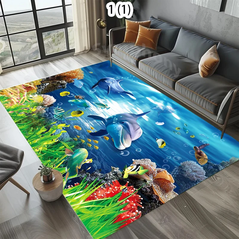 Tapis imprimé école de poissons du monde sous-marin, tapis dauphin corail, décoration de chambre à coucher, salon, cuisine