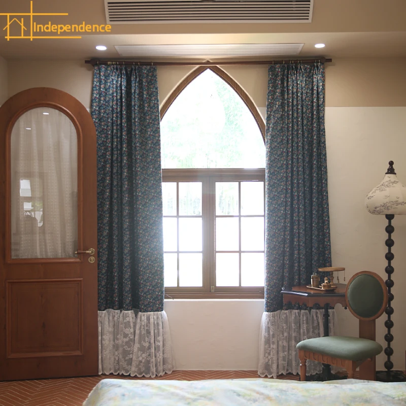 

Vintage Pastoral American Cotton Linen Blue Lace Patchwork Curtains for Living Room Bedroom Balcony Bay Window Customization