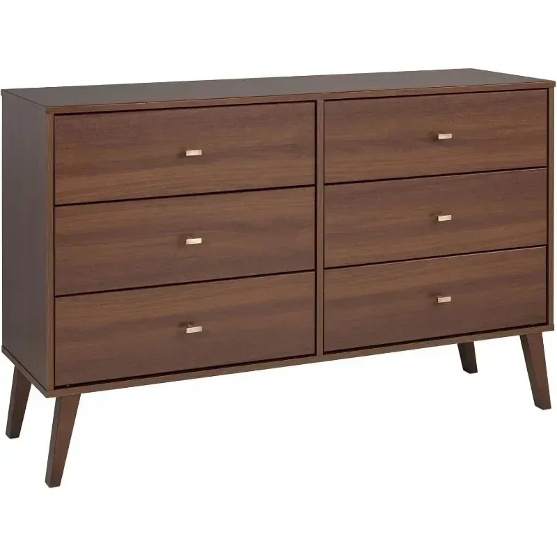 Milo Cómoda doble moderna de mediados de siglo con 6 cajones para dormitorio, cómoda ancha, muebles de dormitorio contemporáneos,