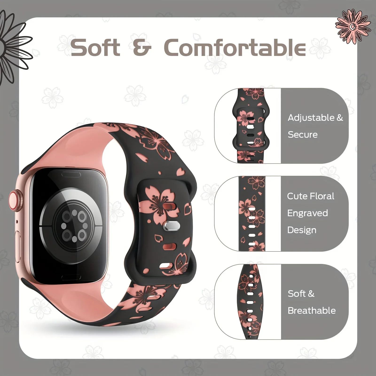 Силиконовый ремешок с гравировкой для Apple Watch Series 10 9 8 7 SE 6 5 4 Браслет с цветочным принтом для Iwatch 46 мм 42 41 45 40 44 38 Ultra 2 49 мм