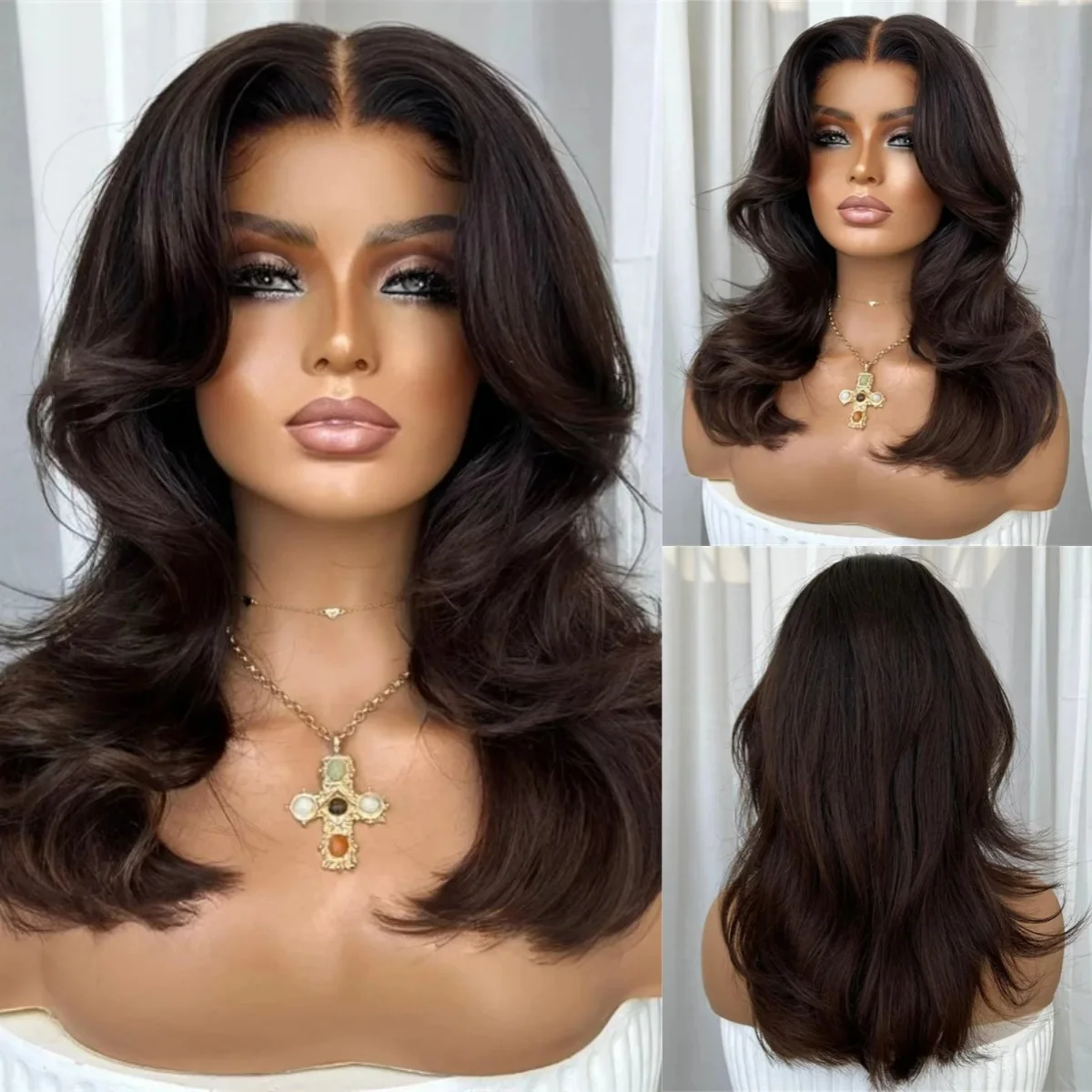 

Темно-коричневый парик шнурка Боб 13x4 HD Объемная волна Парик фронта шнурка Бесклеевые термостойкие синтетические волосы Ежедневный косплей Готовый к ношению