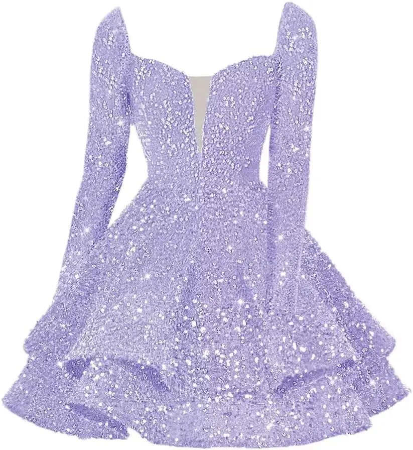 Glitzernde, gestufte, kurze Heimkehrkleider mit Pailletten für Teenager, 2025, lange Ärmel, süßes 16-Abschlussball-Cocktailkleid über dem Knie, Mini