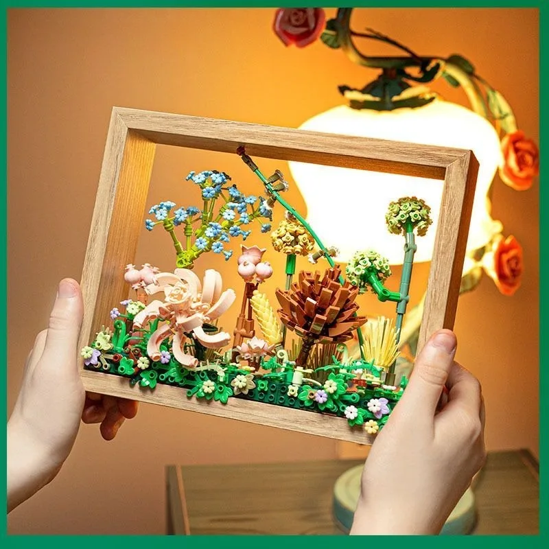 Vollkadz Eternal Flower Building Blocks with Wooden Frame, Lightable DIY Wall Hanging Ornament Gift for Girls