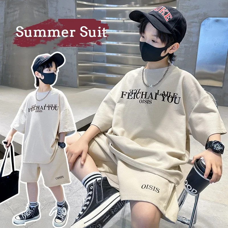 Summer Casual Boys Cotton Alphabet t-Shirt Tops+Drawstring Short Pant Set School Kids Tracksuit Child 2PCS Jogger Outfit 5-16Yrs