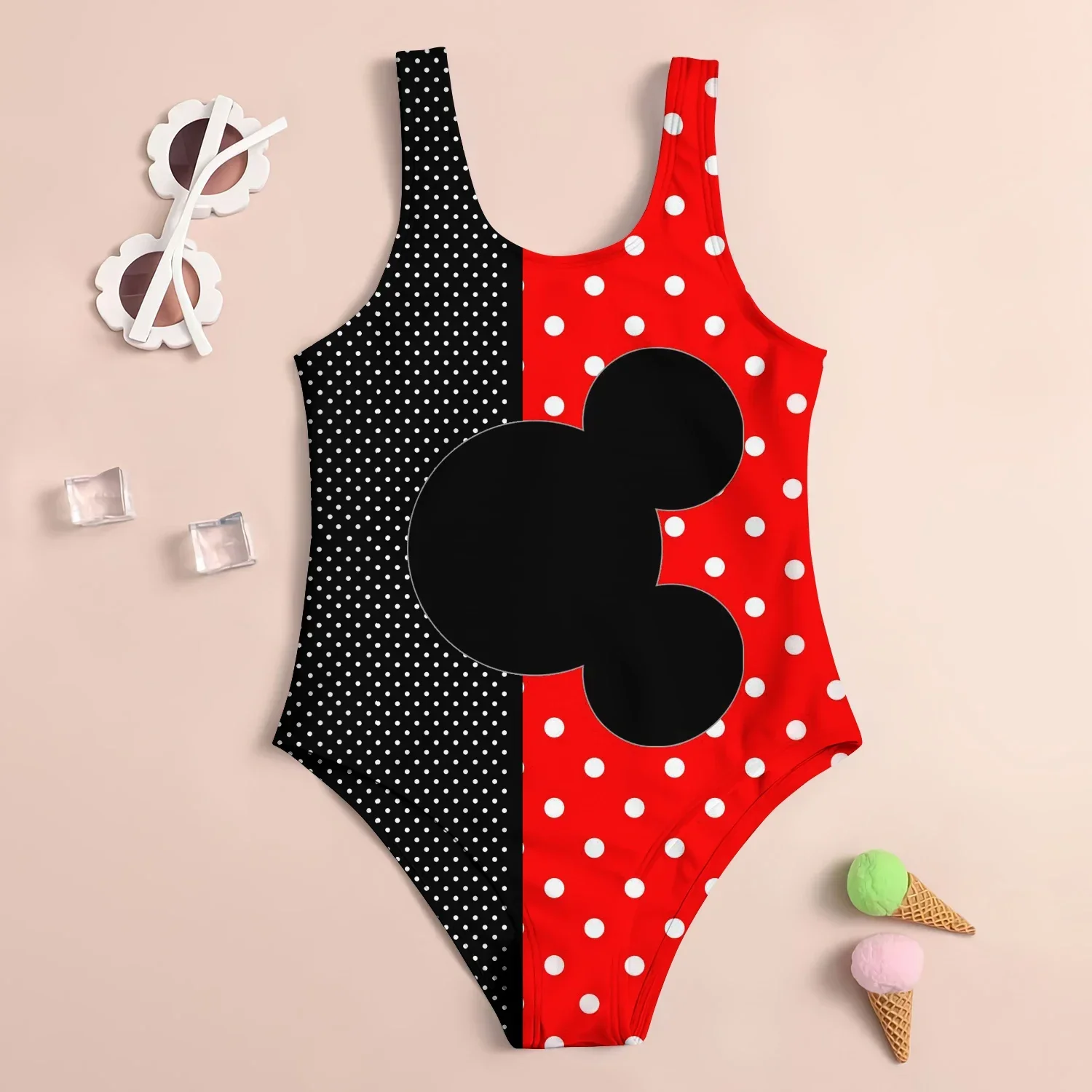 MINISO Disney bañador de Mickey Mouse para niña, traje de baño con estampado de dibujos animados en 3D, bonito bañador de arena, ropa de moda para niños