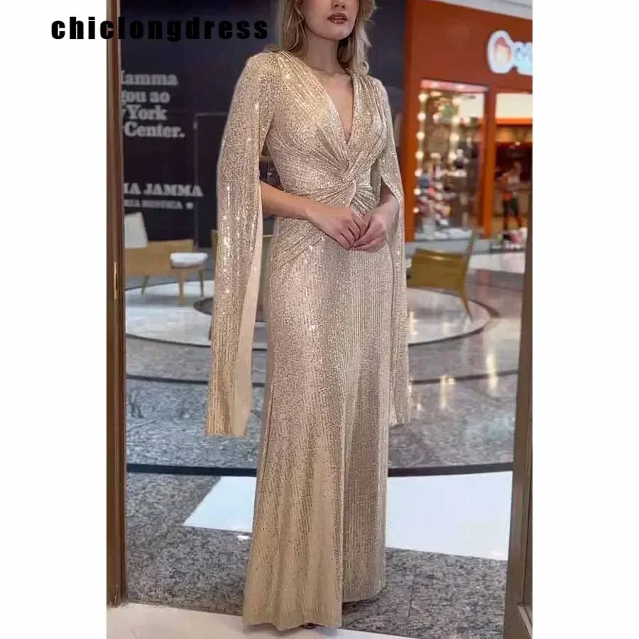 Autumn Winter Fashion Elegant Sequin Evening Dress Women Luxury V-neck Cloak Sleeves Slim Sequin Party Fishtail Dress Women