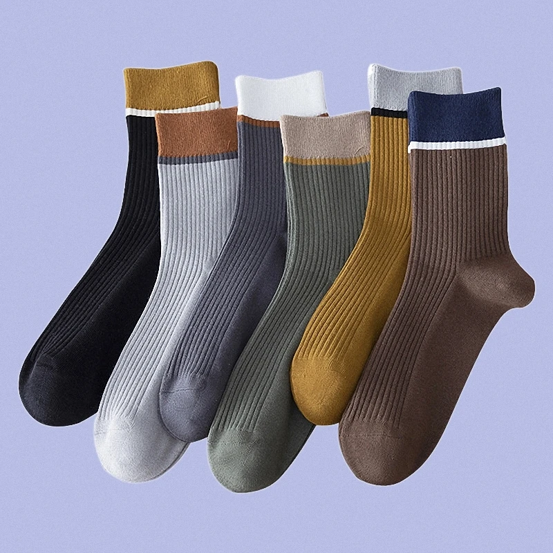 6/12 Pairs New Trendy Socks For Men\'s Autumn Winter Striped Color Sports Socks Matching All-match Breathable Mid-length Socks