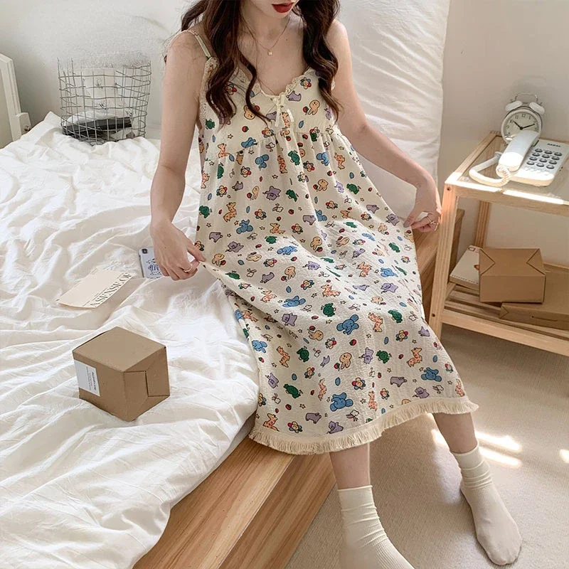 

Sexy Sleepwear Women Nightgown Sleeveless Summer Loungewear Print Kawaii Clothes Big Size Loungewear Camisole Pajamas Tank Dress