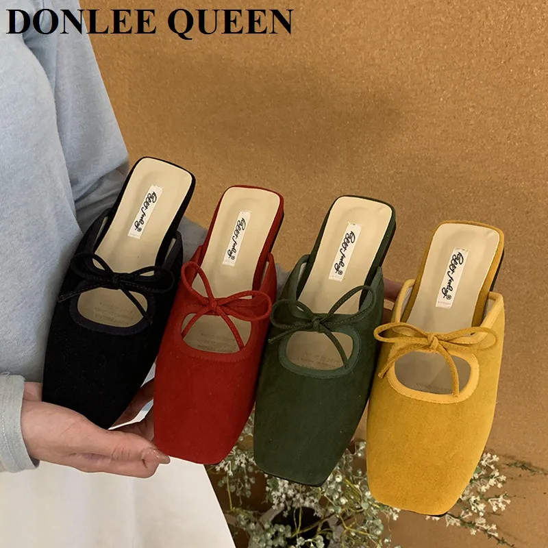 

2025 Summer New Flat Mule Slippers Fashion Bow Knot Square Toe Slip On Loafer Soft Ballerina Yellow Red Slide Outdoor Flip Flops