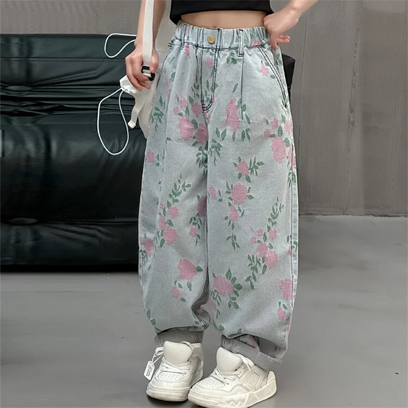 

Girls 2024 new jeans big children western style print 5-15 years old loose wide-leg pants explode the street