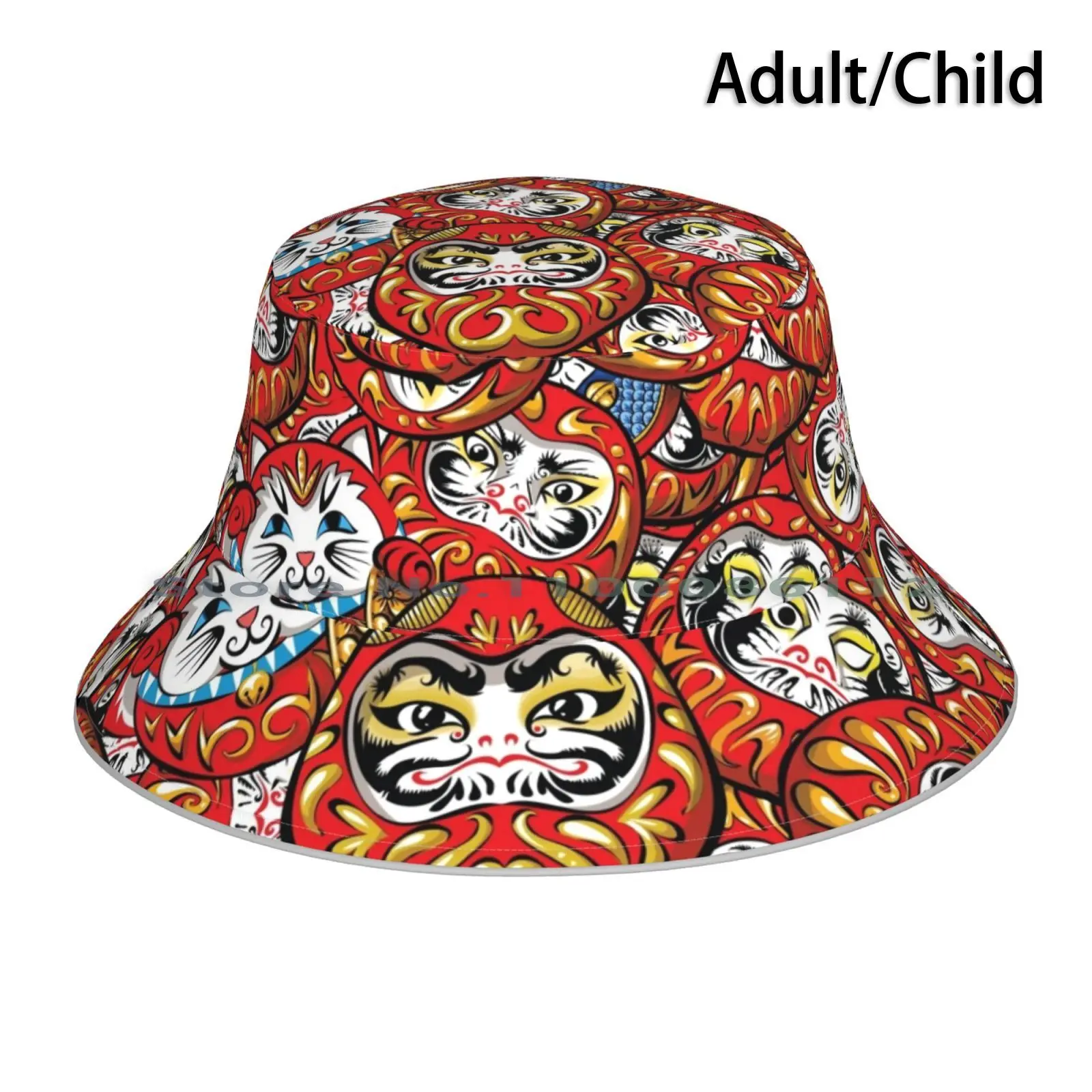 Daruma Daruma All Over Print Bucket Hat Sun Cap Daruma Doll Japanese Zen Meow Kitty Cat Anime Traditional Red Gold All Over