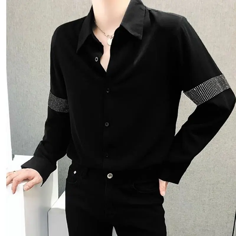 

Elegant Fashion Harajuku Slim Fit Ropa Hombre Loose Casual All Match Tops Stand Collar Sequins Button O Neck Long Sleeve Blusa