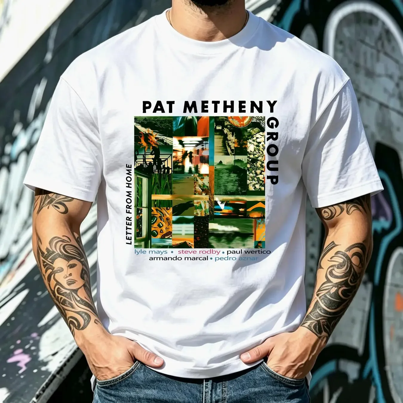 washed T Shirt Vtg Pat Metheny Music Tour Heavy Cotton White vintage Washed Stretched Unisex Stylish Comfortable Soft