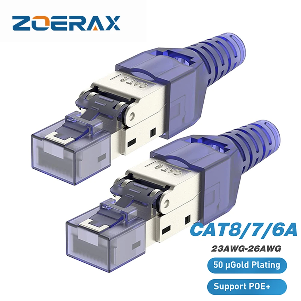 ZoeRax RJ45 CAT8 Cat7 CAT6A Connector Tool-Free, Toolless RJ45 Termination Plug Reusable Shielded for Ethernet Cables 10Gbps POE