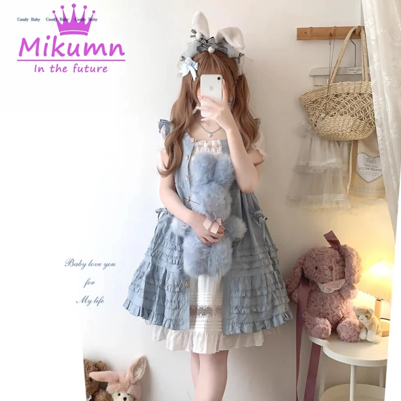 Mikumn Japanese Harajuku Sweet Lolita Mini Dress Women Cute Bow Rabbit Ears Hooded Sleeveless Dress Y2k Girls Kawaii Dresses