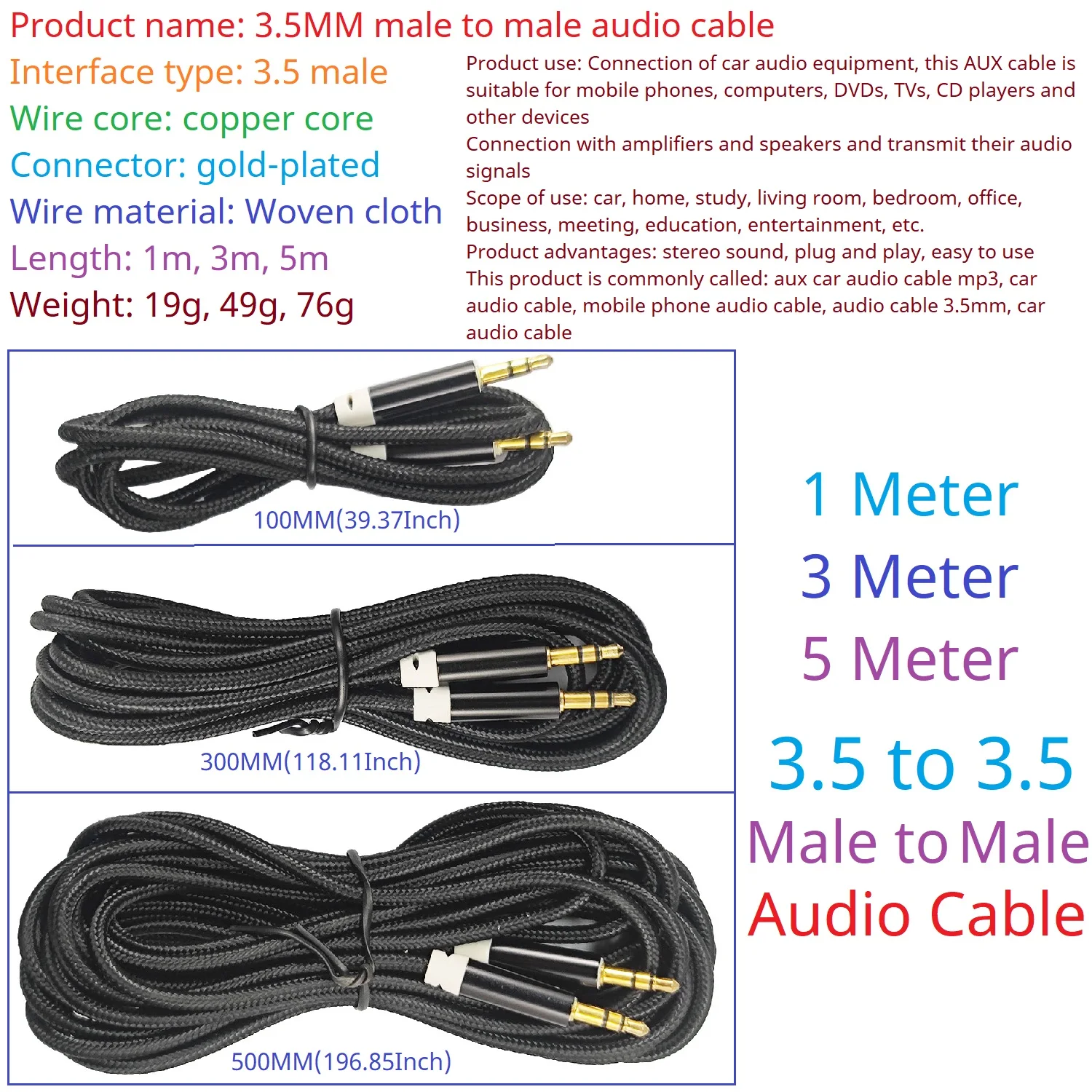 3.5MM Male to Male For 7.83HZ Schumann Resonance Signal Generator and Antenna Aux Audio Cable Gold Plating Copper Core Wire