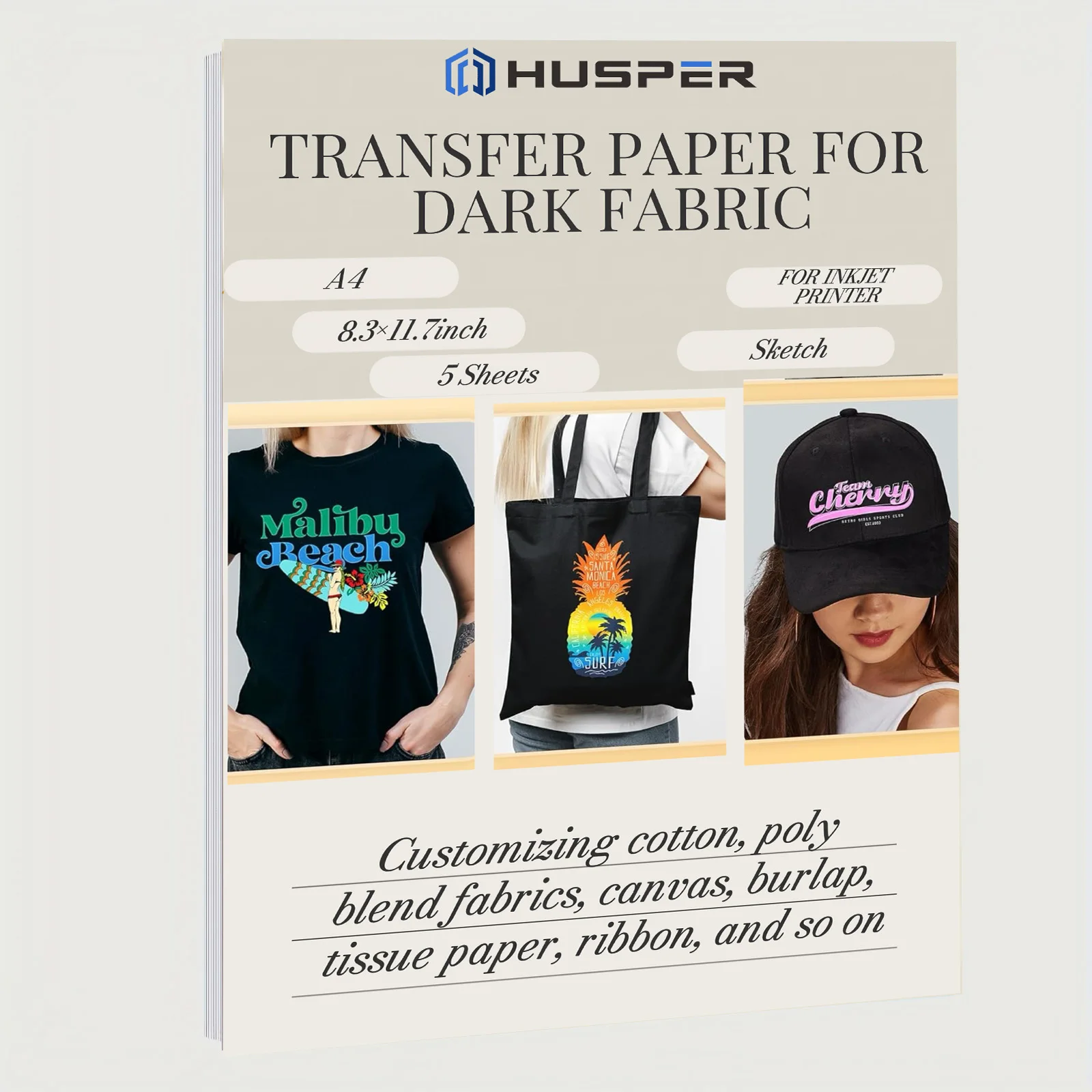 HUSPER A4 Size 5 Sheets thermal transfer vinyl dark fabricsT-shirt ironing transfer paper of Inkjet printer