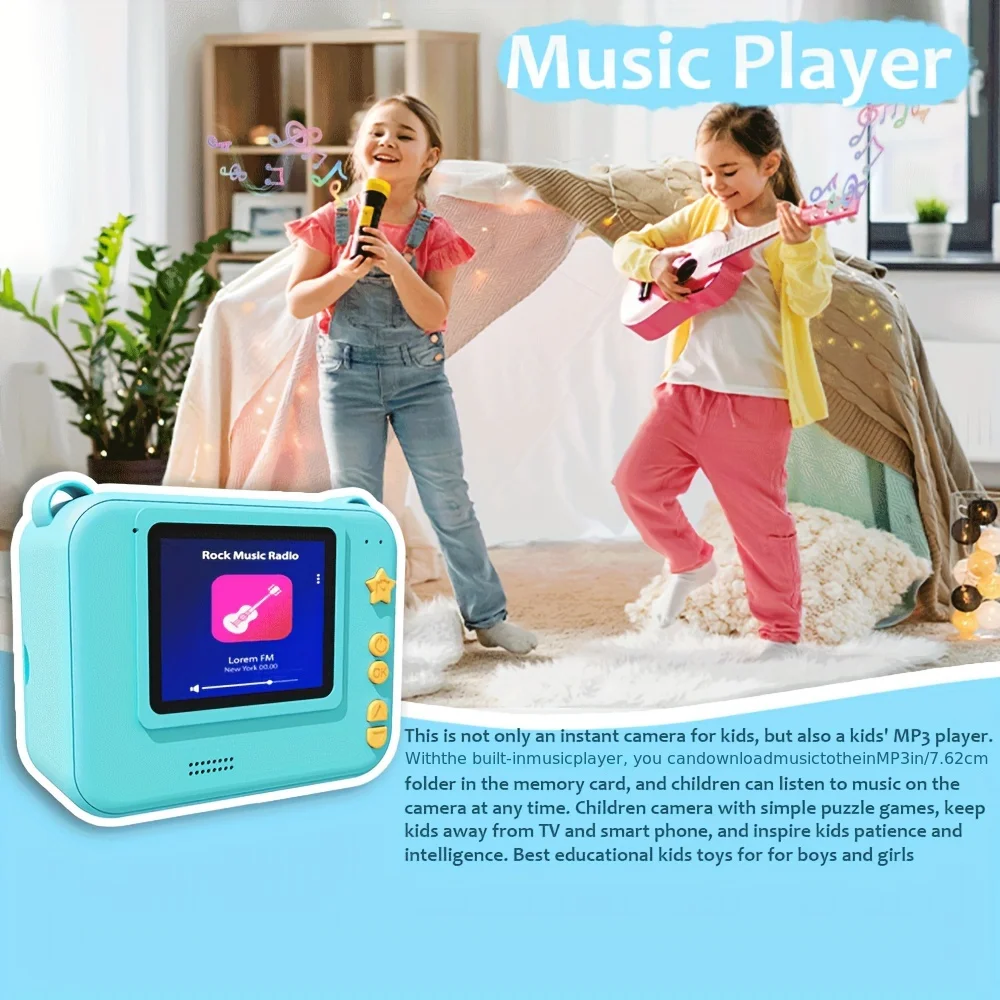 Print Camera For Kids, 2 Inch Screen Kids Camera For Boys With 3 Print Paper, Birthday Gift HD Digital Video Instant Camera Toys