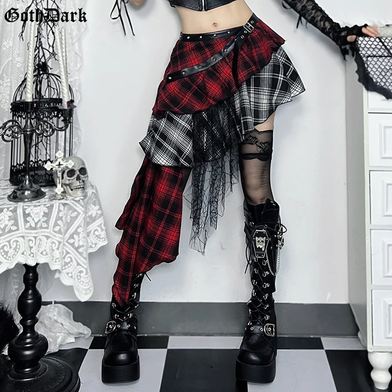 Goth Dark 90s Grunge Plaid Print Irrugular Hem Skirts Women Punk Streetwear Mall Gothic Zip Pleated Mini Skirt E-girl Alt Bottom