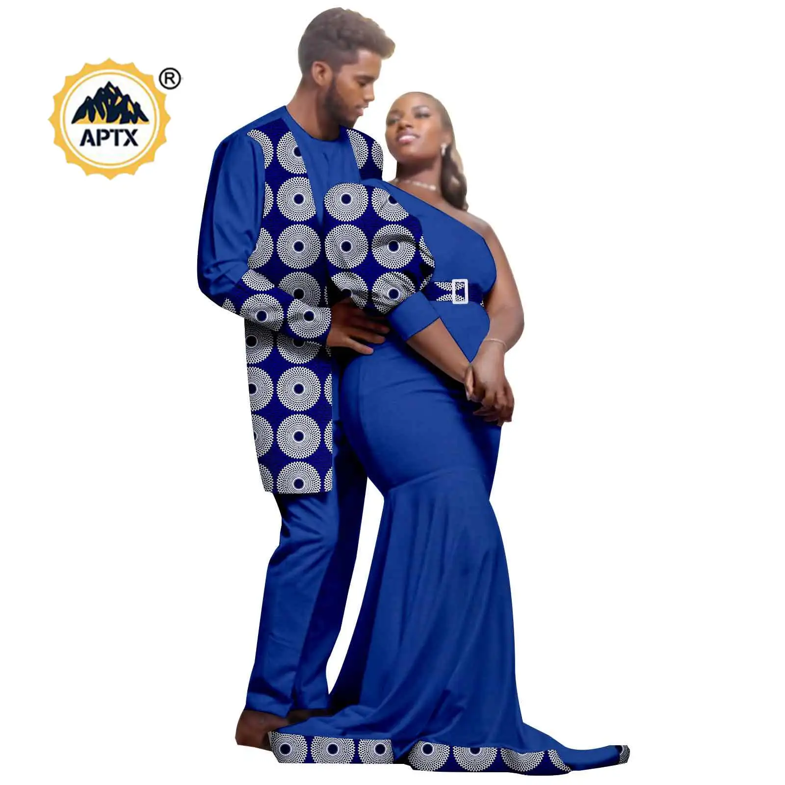 African Mermaid Long Dresses for Women Matching Couple Clothes Dashiki Men Outfits 3 Pieces Sets Bazin Wedding Outwear 24C036