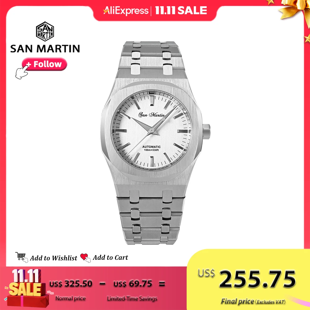 San Martin 38,5 mm Eiche Luxus-Herrenuhr Miyota 9015 mechanische Uhren mit Automatikaufzug, Saphirarmband, 100 m wasserdicht, SN0013