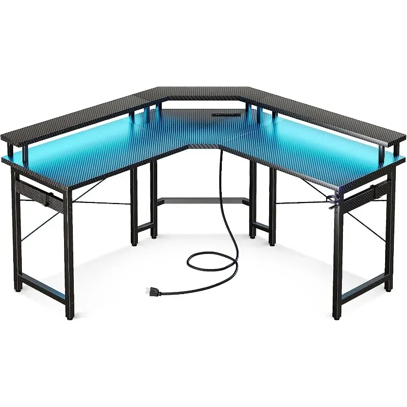 L Shaped Gaming Desk with LED Lights & Power Outlets, 51