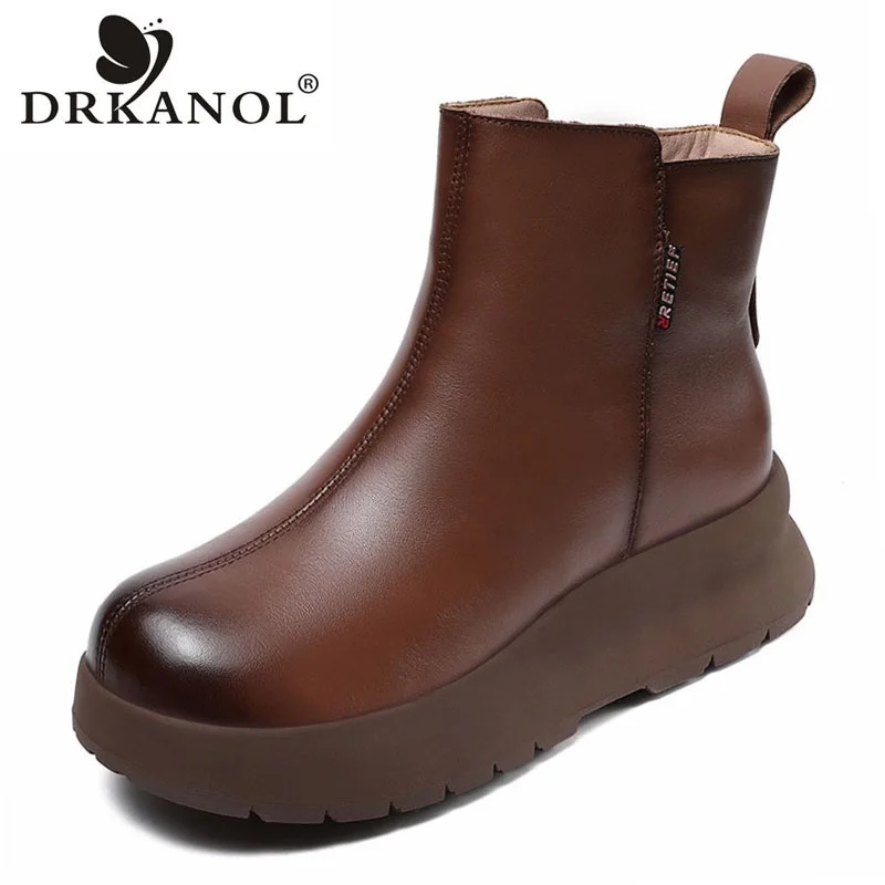 

DRKANOL теплые зимние ботинки из натуральной шерсти, женские зимние повседневные ботильоны из овчины с мехом из натуральной кожи на массивной платформе на танкетке в стиле ретро