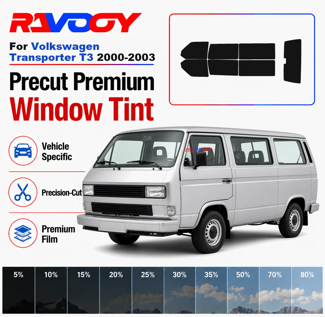 Premium Precut Window Tint Kit Front Rear Windows Rear Windshield For Volkswagen Transporter T3 2000-2003 Nano Ceramic Film