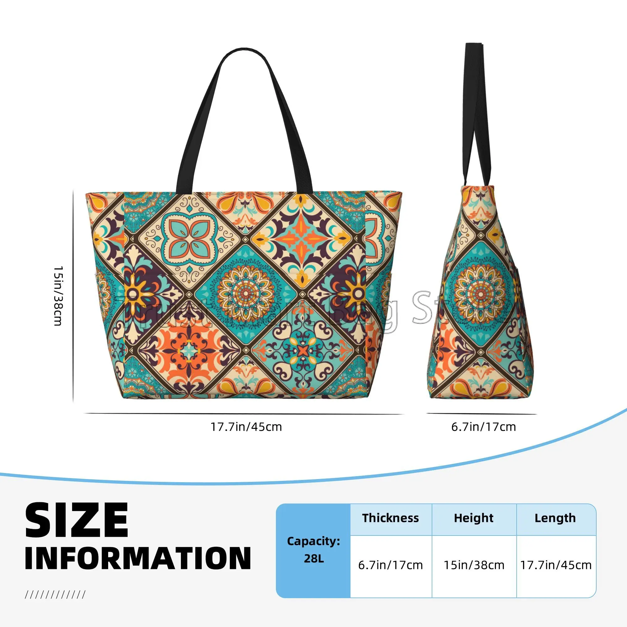 Ethnic Mandala Flowers Waterproof  Beach Tote Pool Bags for Women Ladies Extra Large Gym Tote Carry on Bag for Weekender Travel