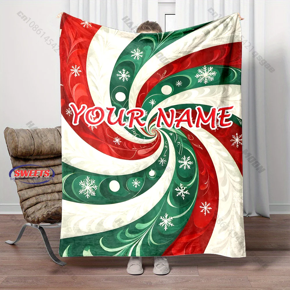 Personalized Name Christmas Throw Blanket Red Green White Swirl Vortex Snowflake Abstract Festive Pattern Blanket Home Gift