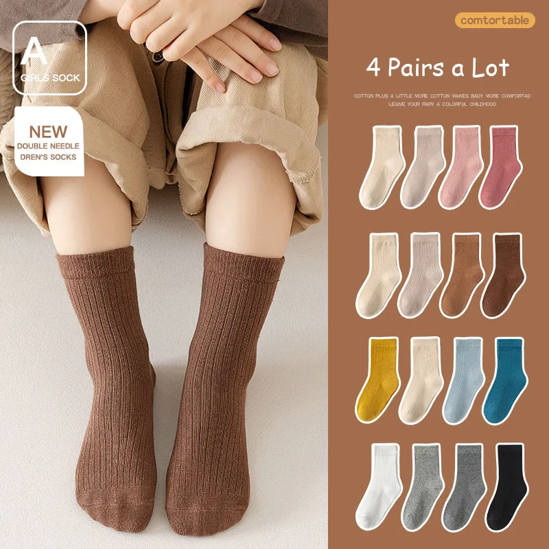 4 Pairs a Lot Spring Kids Knee-high Socks Cute Solid Color Girls Socks 12 Colors Children Versatile In Tube Socks