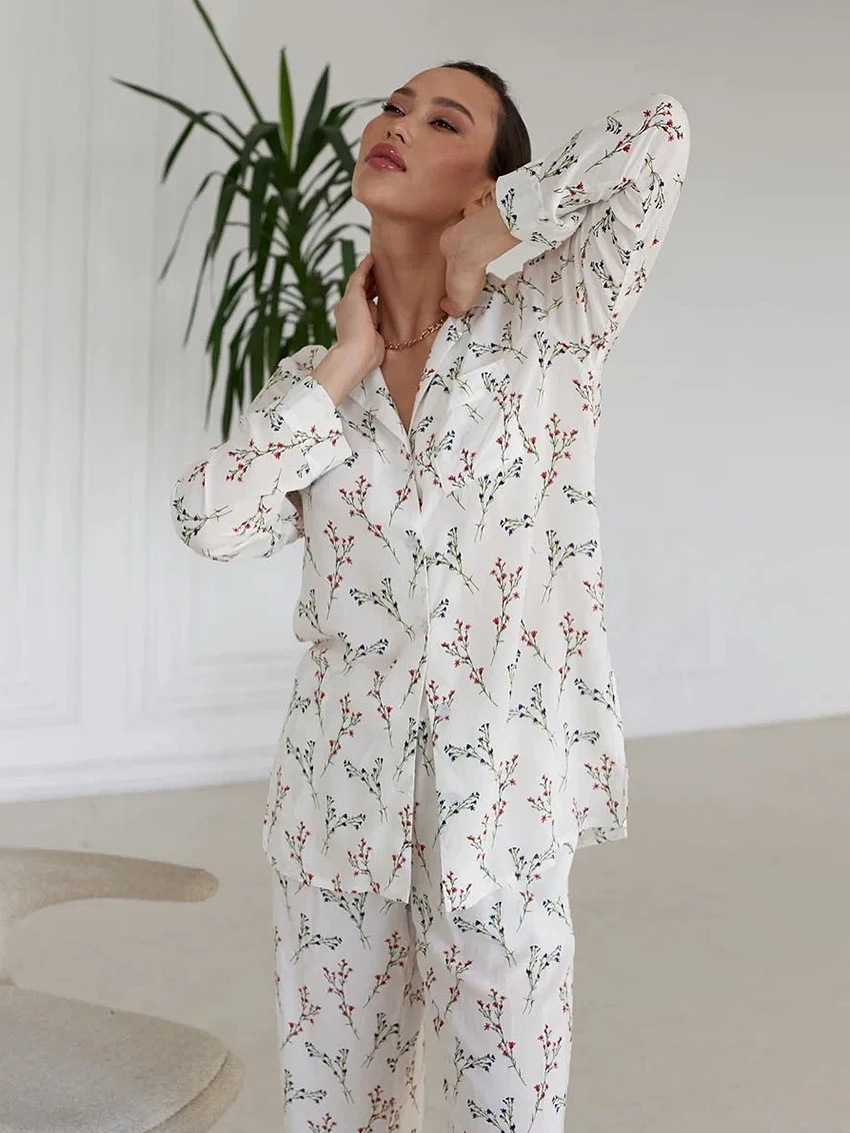 

Marthaqiqi Winter Female Sleepwear Set Sexy Turn-Down Collar Nightgowns Long Sleeve Pajamas Pants Printing Women Nightwear Suits