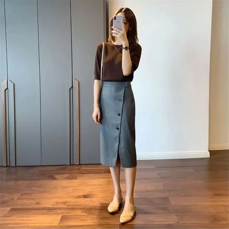 ฤดูใบไม้ผลิฤดูร้อนใหม่ Office Lady กระโปรงผู้หญิงสูงเอวเดี่ยวแยก A-Line ห่อสะโพกกระโปรง Elegant Jupe