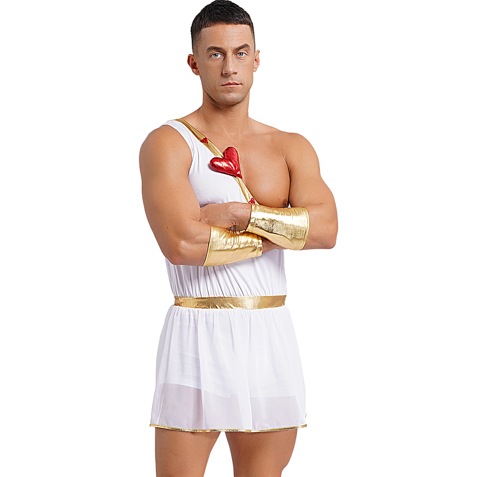 Mens Valentine Cupid Costume One Shoulder One Piece Toga Robe with Cuff Greek Spirit Theme Party Fancy Dress-up Roman God Suits