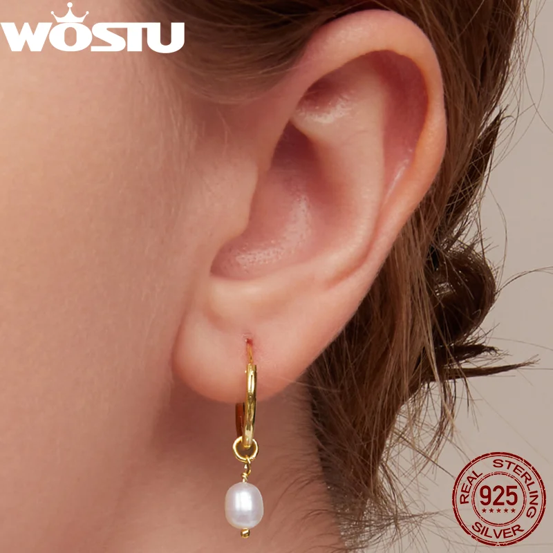 

WOSTU серебро 925 пробы Королевский барочный жемчуг пряжки для ушей для женщин Европейский 18 К золотой простой обруч серьги вечерние ювелирные изделия подарок