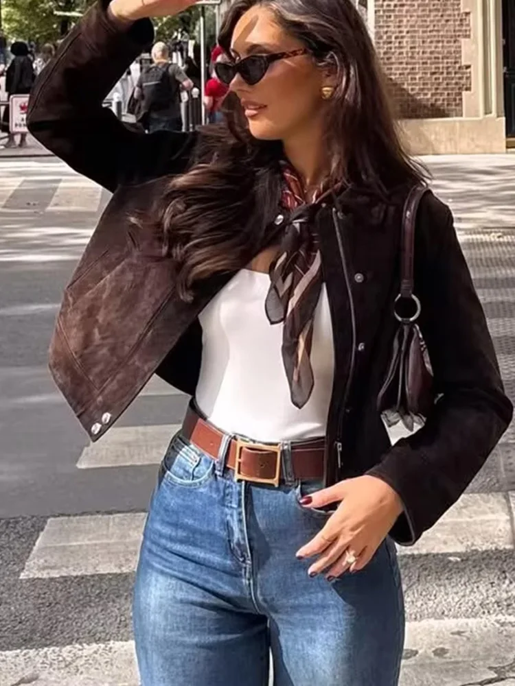 HH Women Autumn Fashion Vintage Solid Suede Blend Textured Long Sleeves Pockets Jacket Female High Street Zipper Coats Mujer