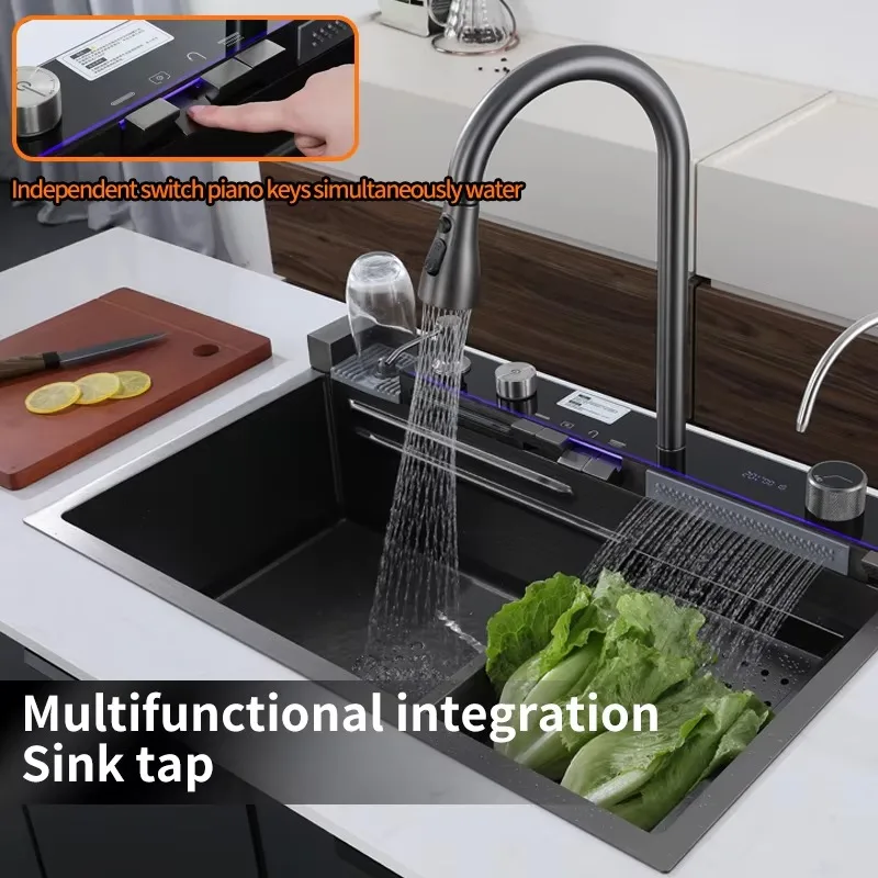 Anti-Scratch Stainless Steel Kitchen Sink Handmade Single Bowl Slot Multifunction Smart LED Digital Display Waterfall Cup Washer