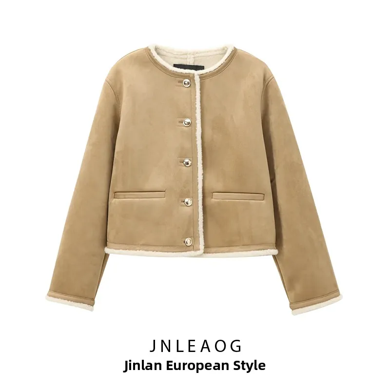 Damski płaszcz dwustronny JNLEAOG, zapinany na guziki, europejski styl, luźny krój, materiał poliestrowy, długa długość rękawów.