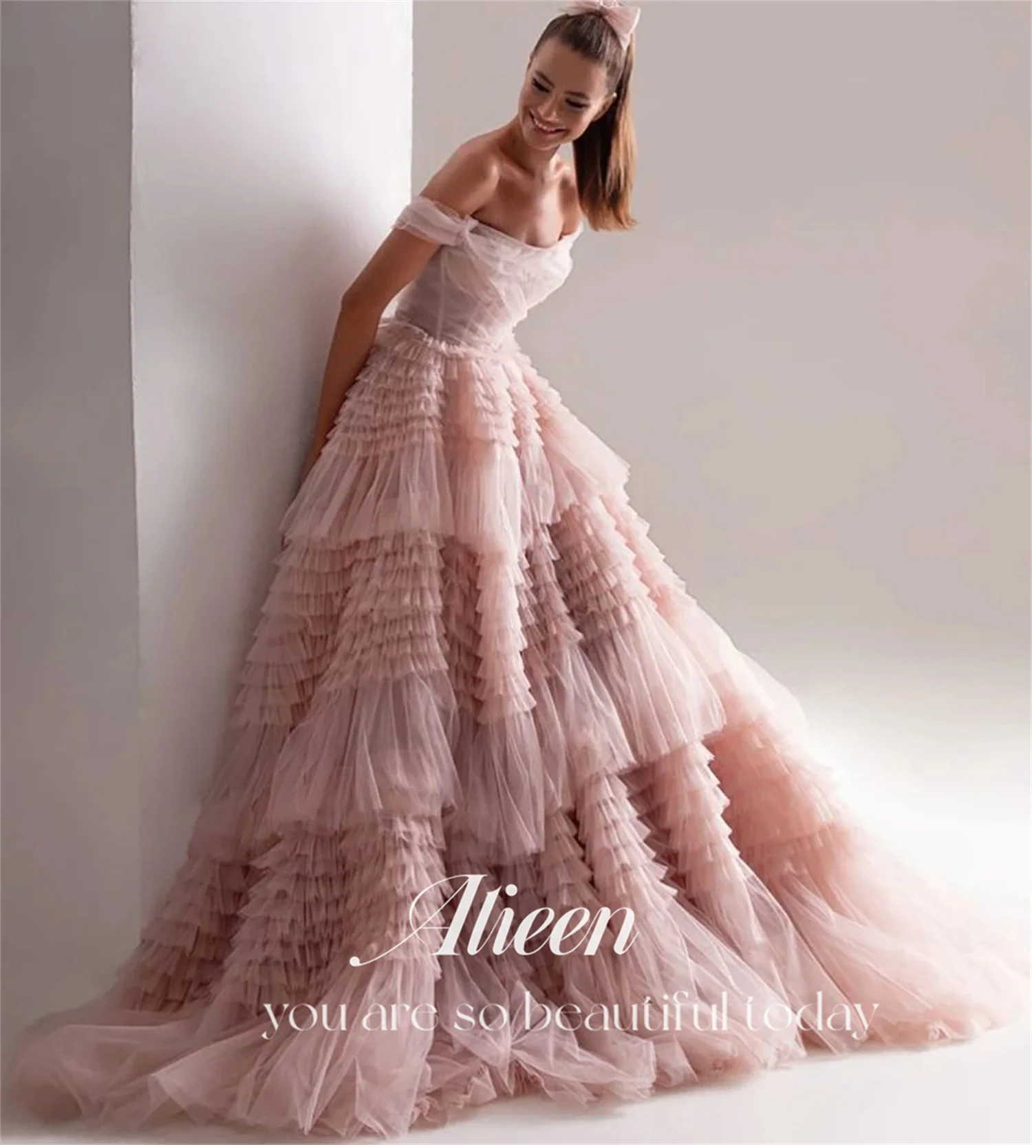 

Aileen Pink Net Formal Dress Tiered Layer Strapless Party Dress For Wedding Off the Shoulder Special Occasion Dresses robe soiré